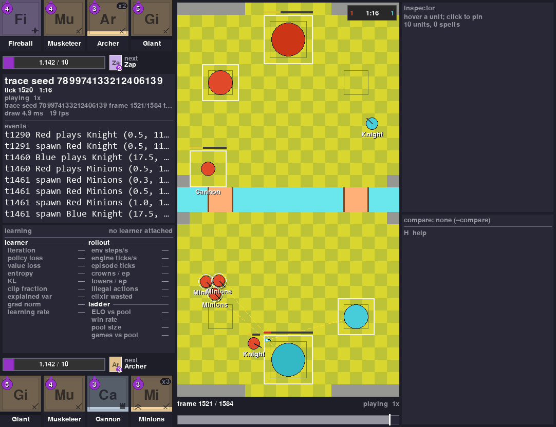 What a battle looks like in the viewer: both hands, both elixir bars, and the arena with every unit