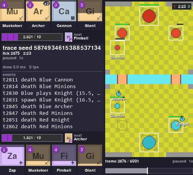 The busiest stretch of an engine battle in RoyaleViser, 18 units on the board, one frame per tick