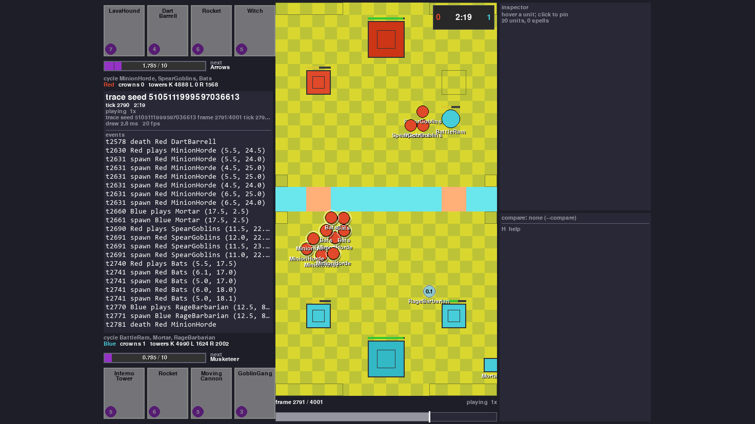 An engine battle at 2:19, 20 units on the board, rendered by RoyaleViser