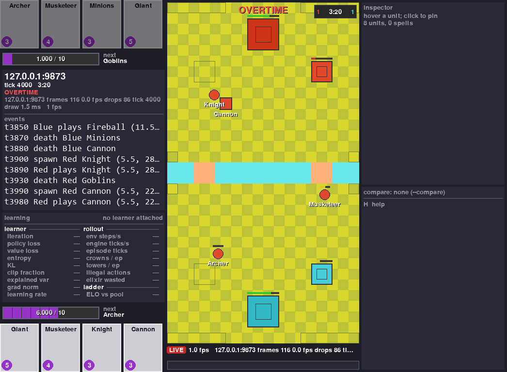 The viewer attached over UDP to a batch of four self-play battles running in another process: the LIVE pill, the stream address, and an empty learner panel