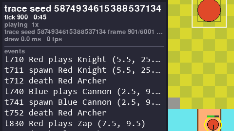 The event log: plays, spawns and deaths with tick and tile