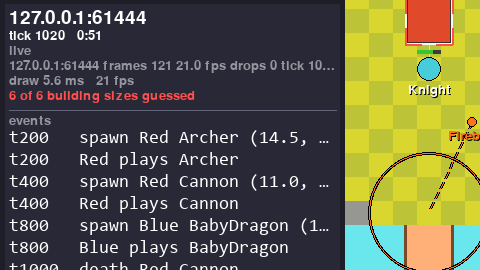 The viewer attached to a stream: live, 21 fps, events arriving