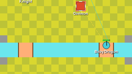 A Baby Dragon with the route it walks drawn, and a dashed target line from the Cannon